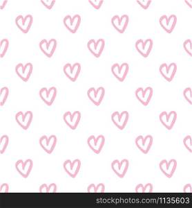 Simple chaotic pink hearts seamless pattern on white background. Valentines Day backdrop. Design for fabric, textile print, wrapping paper. Vector illustration. Simple chaotic pink hearts seamless pattern on white background.