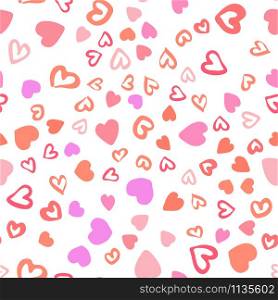 Simple chaotic red hearts seamless pattern on white background. Valentines Day backdrop. Design for fabric, textile print, wrapping paper. Vector illustration. Simple chaotic red hearts seamless pattern on white background.