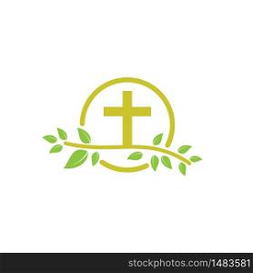 Simple christian church cross with tree leaves vector logo design.