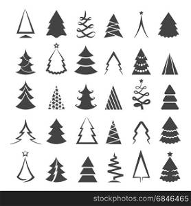 Simple christmas tree icons. Simple christmas tree icons isolated on white background. Vector drawing xmas trees stylized black silhouette symbols