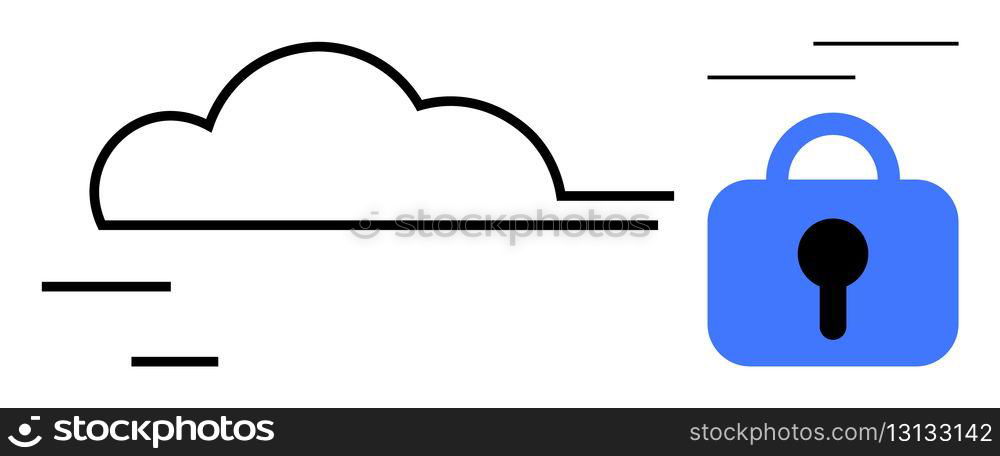 Simple cloud shape and a blue lock emphasizing cloud security. Ideal for cybersecurity, data protection, cloud storage, network security, and IT services. Minimalist style, clear lines. Cloud Computing Security Icon with Blue Lock Symbol and Cloud Shape