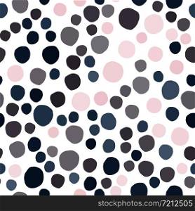 Simple colored pebble seamless pattern on white background. Random geometric dotted wallpaper. Chaotic stones backdrop. Vector illustration. Simple colored pebble seamless pattern on white background.