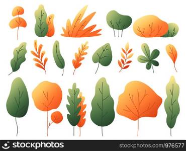 Simple colorful autumn leaves. Autumnal trees and bushes floral plants. Minimalistic yellow leaf maple forest oak and rowan tree fall icon flat botanical vector isolated set. Simple colorful autumn leaves. Autumnal trees and bushes. Minimalistic yellow leaf flat vector set