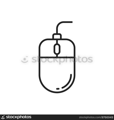 Simple computer mouse with cord isolated monochrome icon. Vector handheld pointing device that detects motion translated by pointer on display. Retro computer mice with two buttons and scroll wheel. Computer mouse with cord isolated outline icon