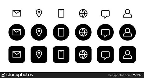 Simple contact mobile icons. Icon phone, mail, location, internet, speech bubble chat. Communication black and white symbols on white background. Vector set. Information for service support. Simple contact mobile icons. Icon phone, mail, location, internet, speech bubble chat. Communication black and white symbols on white background. Vector set