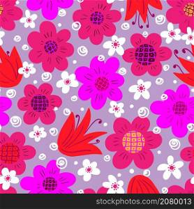 Simple cute flowers on a blue background. Seamless vector pattern. Vector illustration.