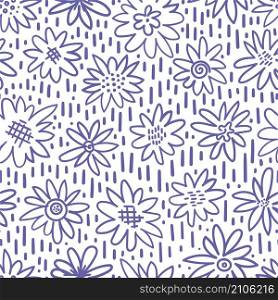 Simple cute hand drawn blue flowers. Seamless floral pattern. Vector llustration.