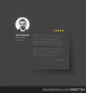 Simple dark minimalistic testimonial review layout template with photo placeholder and rating. Dark testimonial review layout template