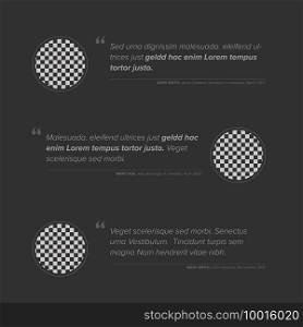 Simple dark minimalistic testimonial review section layout template with three testimonials, photo placeholders and"es. Dark Testimonial reviews section layout template