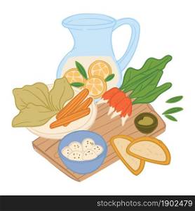 Simple dish served on wooden board, isolated jar with lemonade, breadsticks and sauce. Greenery and vegetables for salad. Picnic or restaurant or diner food for clients. Vector in flat style. Restaurant or diner meal served on wooden board