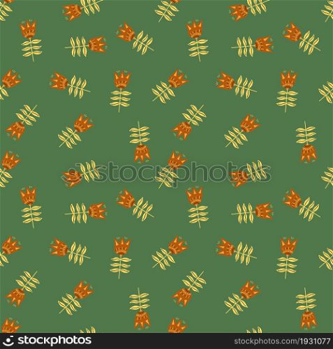 Simple doodle flower folk art seamless pattern on green background. Floral nature wallpaper. Folklore style. For fabric design, textile print, wrapping, cover. Simple vector illustration.. Simple doodle flower folk art seamless pattern on green background. F