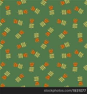 Simple doodle flower folk art seamless pattern on green background. Floral nature wallpaper. Folklore style. For fabric design, textile print, wrapping, cover. Simple vector illustration.. Simple doodle flower folk art seamless pattern on green background. F