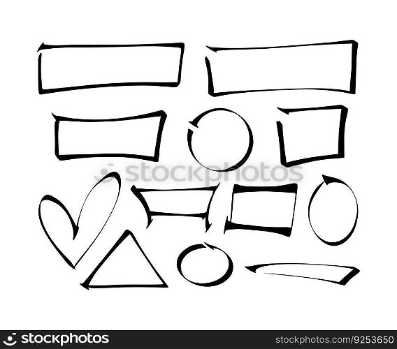 Simple doodle frame isolated icon set. Graphic design element decoration. Round circle and square shape infographic label. Chart pointer sketch drawing. Outline speech mark, message bubble sticker