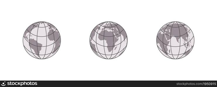 Simple earth globes. World map in globe shape. Earth globe icon set. Vector illustration