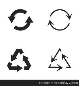 Simple, flat design recycle symbols in black isolated on white background