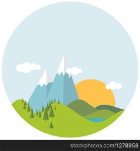 Simple Flat design spring landscape with mountains and trees