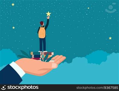 Simple flat vector illustration of a man hand lifting up a school boy to reach for the star, education, parents responsibility concept
