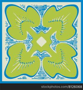 Simple floral ornament rosette in a square. Decorative Mediterranean motif. Floral mosaic tile pattern. Oriental arabesque pattern print. Decor tile grunge texture. Traditional pottery tiling. Vector 