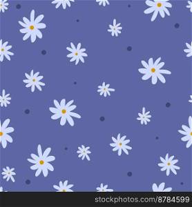 Simple floral seamless pattern with daisies and polka dot. Endless feminine print. Vector illustration