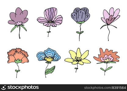 Simple flower clipart. Set of hand drawn floral doodle. For print, web, design, decor, logo
