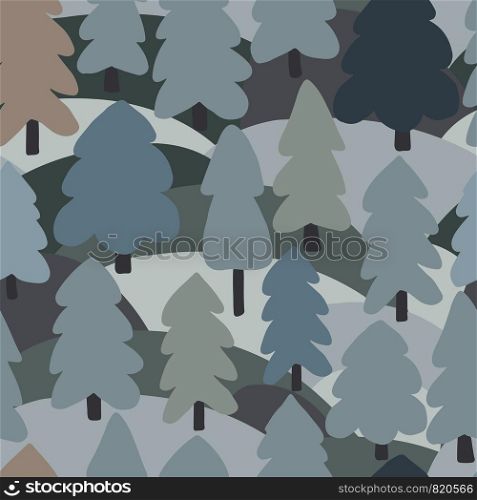 Simple forest tree seamless pattern. Doodle forest landscape background. Naive art style. Design for fabric, textile print, wrapping paper, children textile. Vector illustration. Simple forest tree seamless pattern. Doodle forest landscape background.