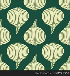 Simple geometric onion seamless pattern on dots background. Onion bulb vegetable wallpaper. Organic texture. Design for fabric, textile print, wrapping paper, kitchen textiles. Vector illustration. Simple geometric onion seamless pattern on dots background.