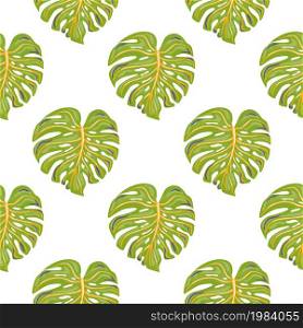 Simple geometric tropical seamless pattern with monstera leaves isolated on white background. Botanical foliage plants wallpaper. Exotic hawaiian backdrop. Design for fabric, textile print, wrapping. Simple geometric tropical seamless pattern with monstera leaves isolated on white background.