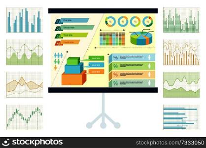 Simple graphics and bright diagrams on screen. Materials for business presentation set. Demonstrative graphic to show progress vector illustration.. Simple Graphics and Bright Diagrams on Screen
