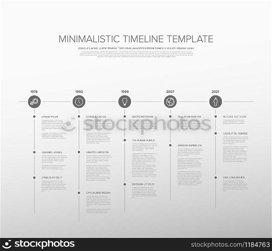 Simple gray timeline template with icons and descriptions. Minimalistic black and white timeline template