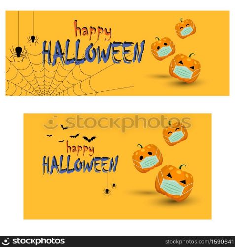 Simple Halloween pumpkins Wearing a medical mask. To protect against Covid-19. On orange background, Happy Halloween, or Halloween sell the concept. banner Design - Two size For mobile phone screen.