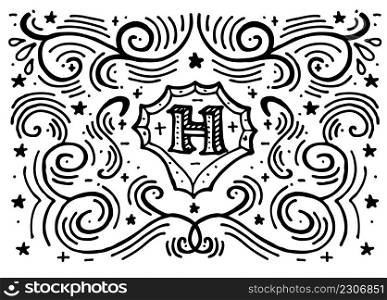 Simple hand drawn monogram design template with letter H and swirl pattern. Vector illustration.
