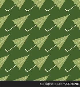 Simple hand drawn seamless pattern with umbrella silhouettes. Green olive palette artwork. Decorative backdrop for fabric design, textile print, wrapping, cover. Vector illustration.. Simple hand drawn seamless pattern with umbrella silhouettes. Green olive palette artwork.