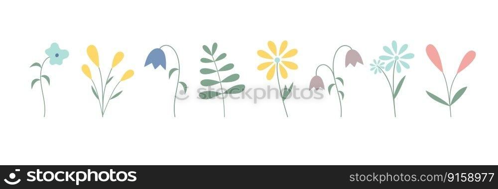 Simple hand drawn various shapes and doodle flowers and leaves. Vector spring illustration.. Simple hand drawn doodle flowers and leaves set. Trendy vector elements illustration. Springtime illustration. Floral collection