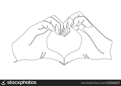 Simple hands in shape of love heart. Created with one continuous line. Vector illustration.