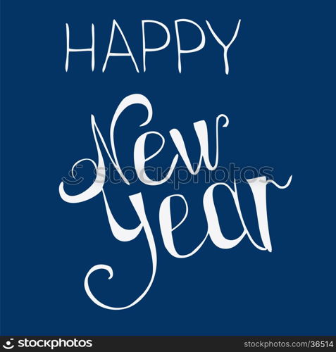 Simple happy new year written in white letters on a blue background.
