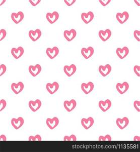Simple hearts seamless pattern on white background. Valentines Day backdrop. Design for fabric, textile print, wrapping paper. Vector illustration. Simple geometric pink hearts seamless pattern on white background.
