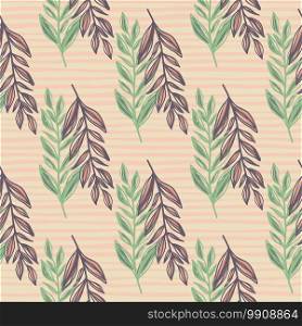 Simple herbal seamless pattern with purple and green branches. Foliage silhouettes on light stripped background. Perfect for wallpaper, textile, wrapping paper, fabric print. Vector illustration.. Simple herbal seamless pattern with purple and green branches. Foliage silhouettes on light stripped background.