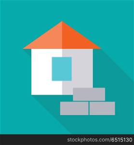 Simple house with bricks vector illustration in flat style. Cottage icon for estate, building concepts, web page, app pictogram, infographics, logotype design. Isolated on blue background. . House Vector Illustration In Flat Design.. House Vector Illustration In Flat Design.