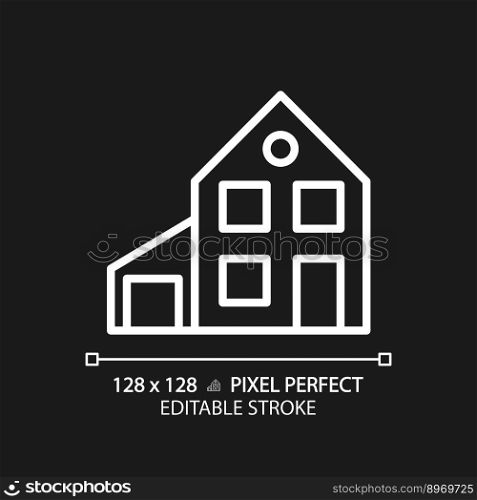 Simple house with garage pixel perfect white linear icon for dark theme. Two story family home. Real estate. Detached building. Thin line illustration. Isolated symbol for night mode. Editable stroke. Simple house with garage pixel perfect white linear icon for dark theme