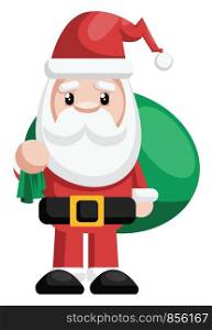 Simple illustration of a Santa holding green bag with presents vector illustration on a white background