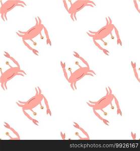 Simple isolated seamless seafood pattern with pink pastel crabs. Animal ornament on white background. Designed for fabric design, textile print, wrapping, cover. Vector illustration.. Simple isolated seamless seafood pattern with pink pastel crabs. Animal ornament on white background.