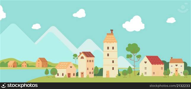Simple landscape with buildings. Minimal houses style, cartoon residence or village in mountains. Tiny buildings on lake classy vector background. Illustration of town and city house. Simple landscape with buildings. Minimal houses style, cartoon residence or village in mountains. Tiny buildings on lake classy vector background