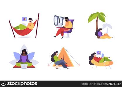 Simple lifestyle. Characters expenses philosophy minimalism outdoor freelancers business downshifting voluntaries vector abstract metaphors flat illustrations. Character freelance and downshifting. Simple lifestyle. Characters expenses philosophy minimalism outdoor freelancers business downshifting voluntaries garish vector abstract metaphors flat illustrations
