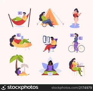 Simple lifestyle characters. Expensive family downshifting relax time freelancers working garish vector flat illustrations metaphores collection. Relax employee working, businessman freelancer. Simple lifestyle characters. Expensive family downshifting relax time freelancers working garish vector flat illustrations metaphores collection