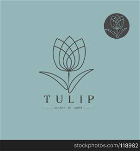 Simple line - art Tulip bud with leaves design for logo, emblem or sign on blue background  Vector illustration