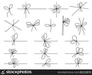 Simple line bows on ribbon. Bow on string set, lines and corners decoration design. Bowknot for package or letter, planner diary decent vector dividers of ribbon bow line illustration. Simple line bows on ribbon. Bow on string set, lines and corners decoration design. Bowknot for package or letter, planner diary decent vector dividers