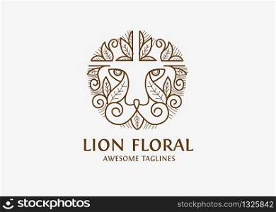 simple lion head with floral elements Hand drawn vector illustration
