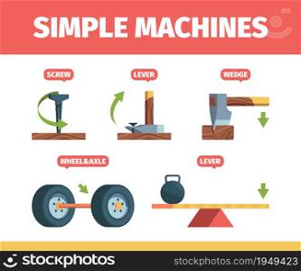 Simple machines. Mechanical force systems movement tools pulley newton formula school education garish vector isometric. Mechanical power tool, wedge and lever, pull inclined illustration. Simple machines. Mechanical force systems movement tools pulley newton formula school education garish vector isometric