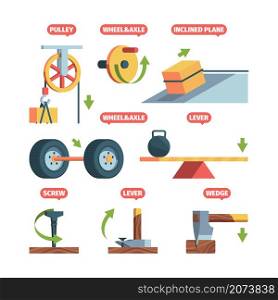 Simple machines. Physics science systems mechanical formula pull machines garish vector isometric set. Science physics engineering, wedge and pulley power illustration. Simple machines. Physics science systems mechanical formula pull machines garish vector isometric set
