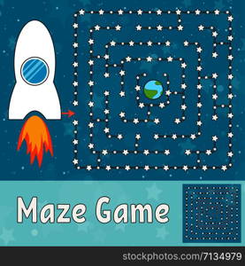Simple maze. Help the rocket find its way to the earth. Game for kids. Puzzle for children. Labyrinth conundrum. Flat vector illustration isolated on turquoise background. With the decision.